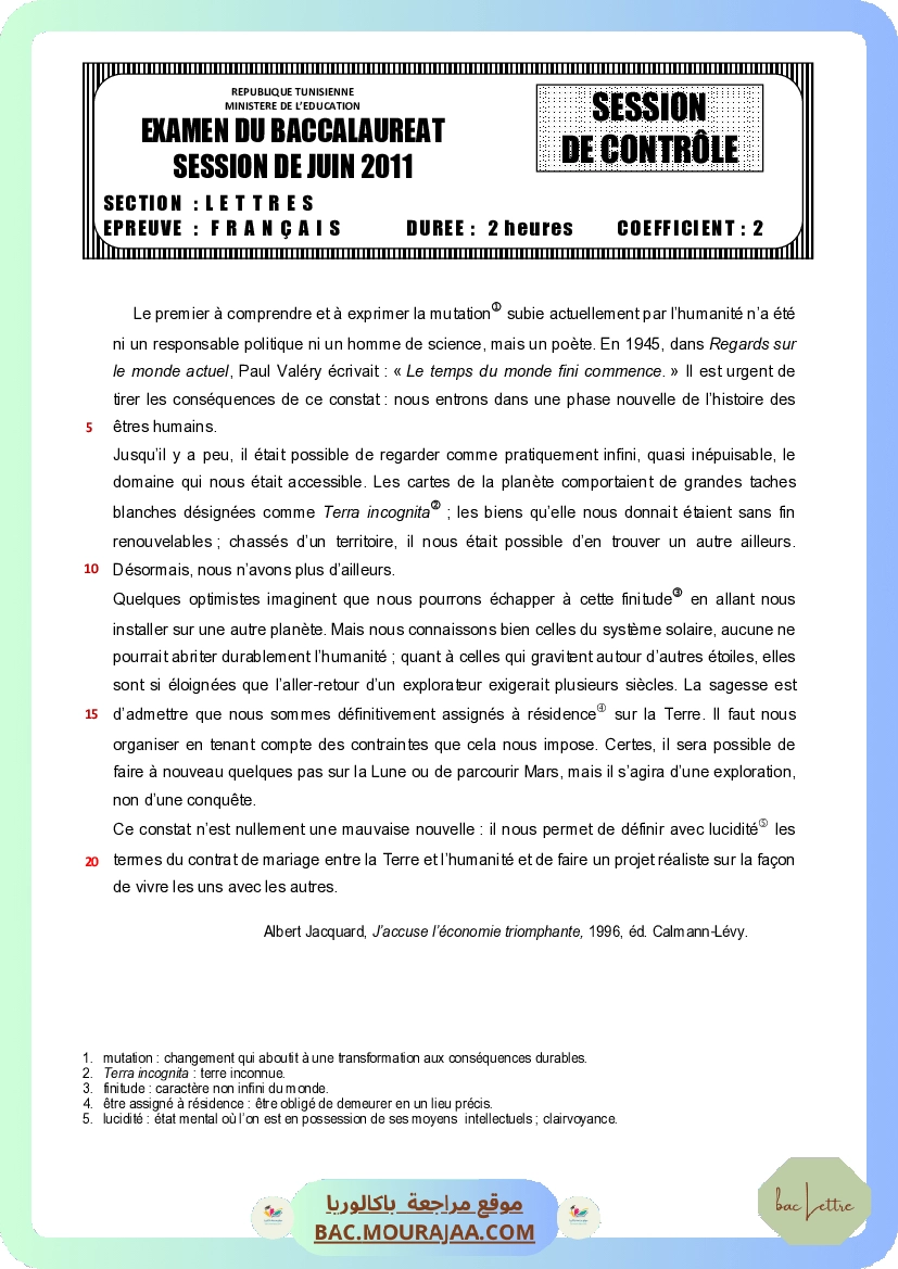 Sujet controle francais Bac 2011 – Section lettre